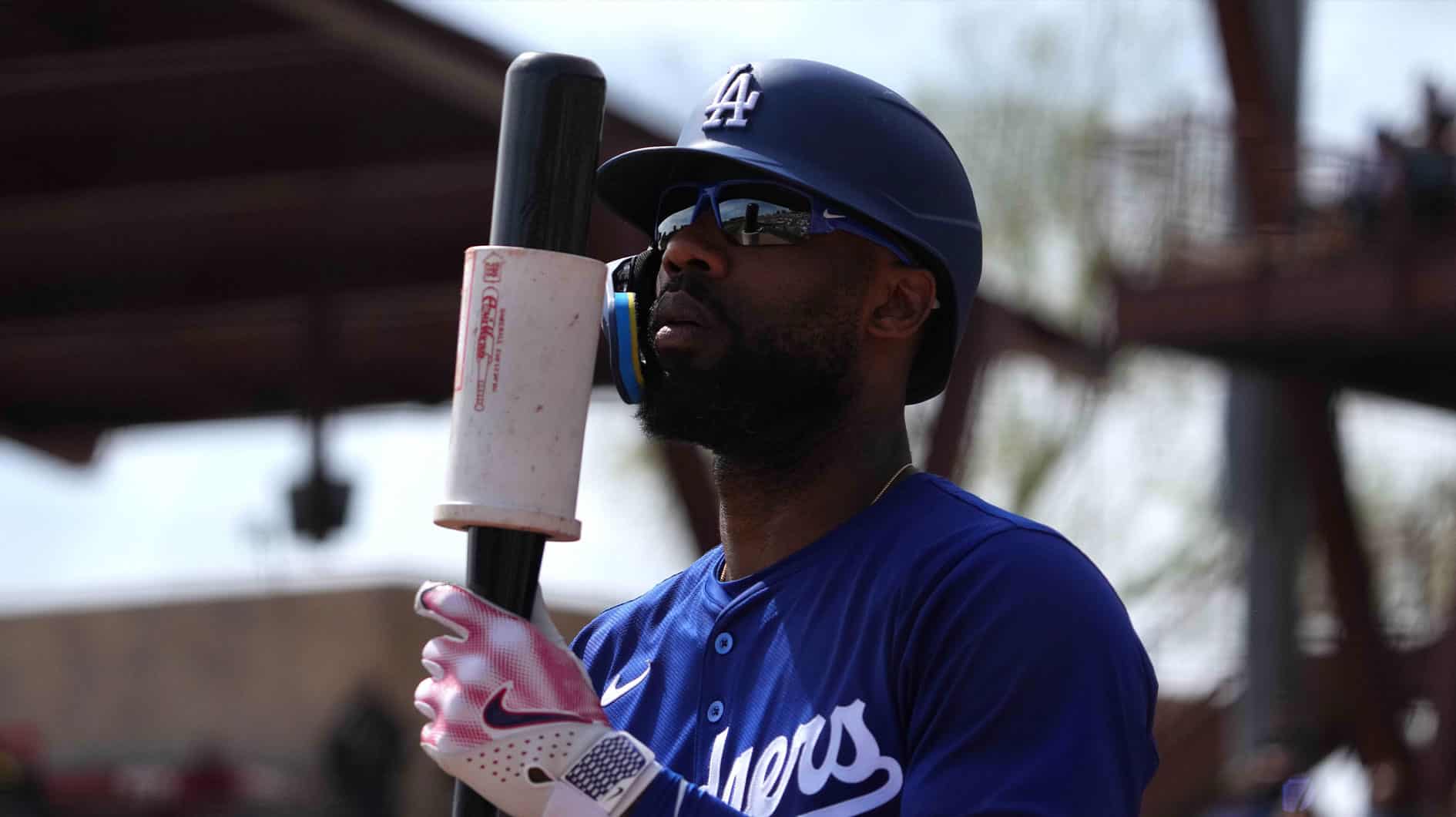 Los Angeles Dodgers right fielder Jason Heyward (23) waits on deck against the Chicago White Sox during the first inning at Camelback Ranch-Glendale.