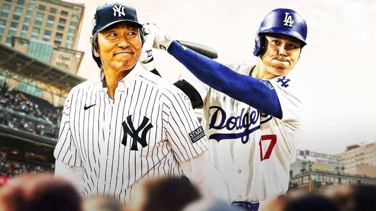 Hideki Matsui in a Yankees uniform. Shohei Ohtani swinging a bat