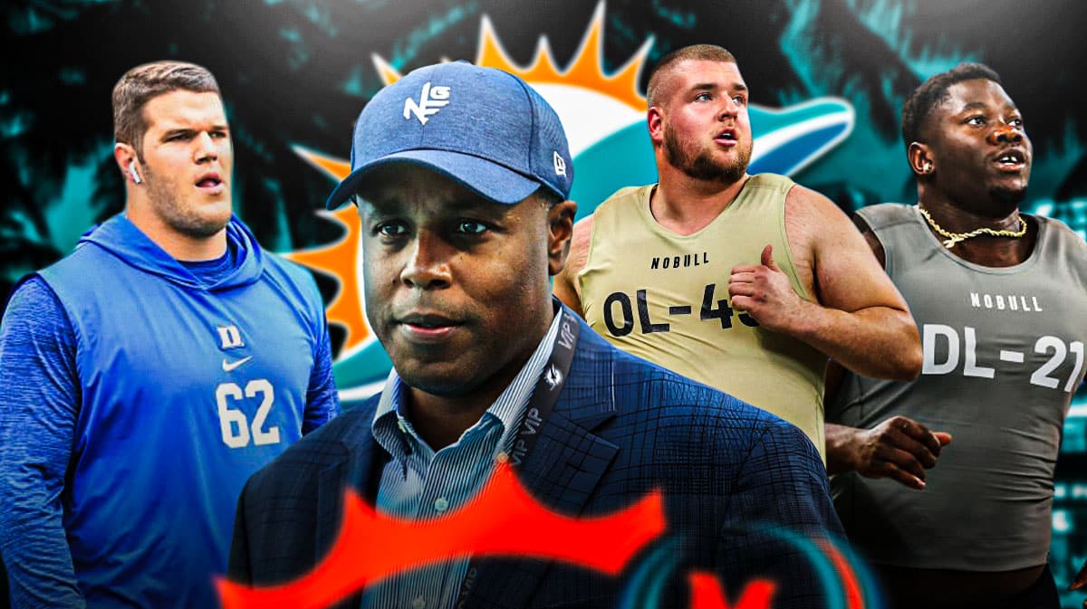 GM Chris Grier in the middle, Graham Barton, Ruke Orhorhoro, Beaux Limmer around him, and Miami Dolphins wallpaper in the background