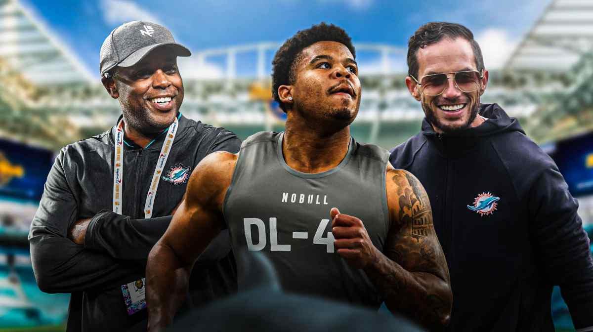 Miami Dolphins general manager Chris Grier, head coach Mike McDaniel, and new draft pick Chop Robinson in front of Hard Rock Stadium.