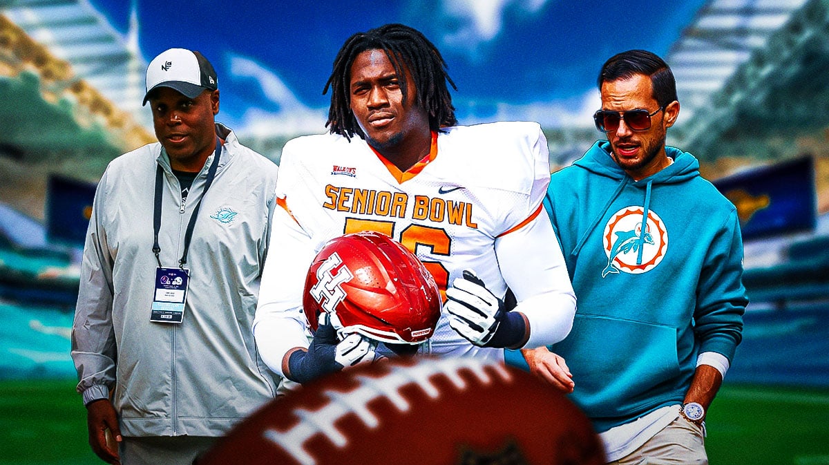 New Miami Dolphins star Patrick Paul next to head coach Mike McDaniel and general manager Chris Grier in front of Hard Rock Stadium.
