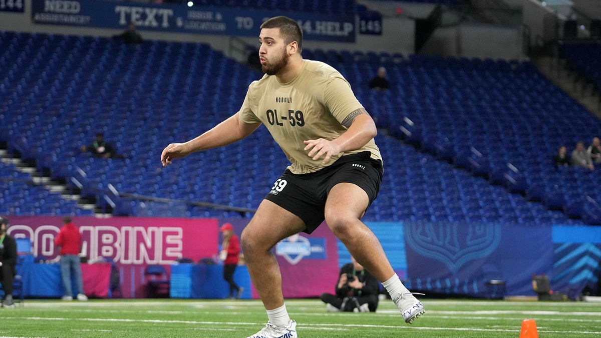Kansas offensive lineman Dominick Puni (OL59) during the 2024 NFL Scouting Combine at Lucas Oil Stadium