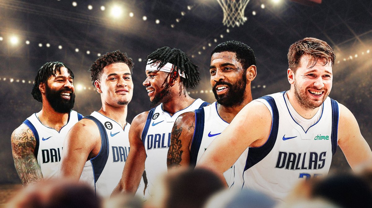 Mavericks' Luka Doncic and Mavericks' Kyrie Irving smiling in front. In background, need Mavericks' Markieff Morris, Mavericks' Jaden Hardy, and Mavericks' Josh Green all smiling as well.