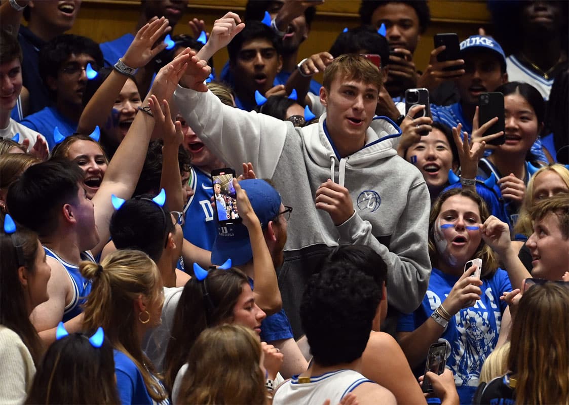 Duke Blue Devils recruit Cooper Flagg is greeted by fans during Countdown to Craziness at Cameron Indoor Stadium. 