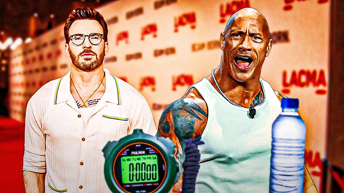 Red One stars Chris Evans and Dwayne Johnson with stopwatch and water bottle with red carpet background.