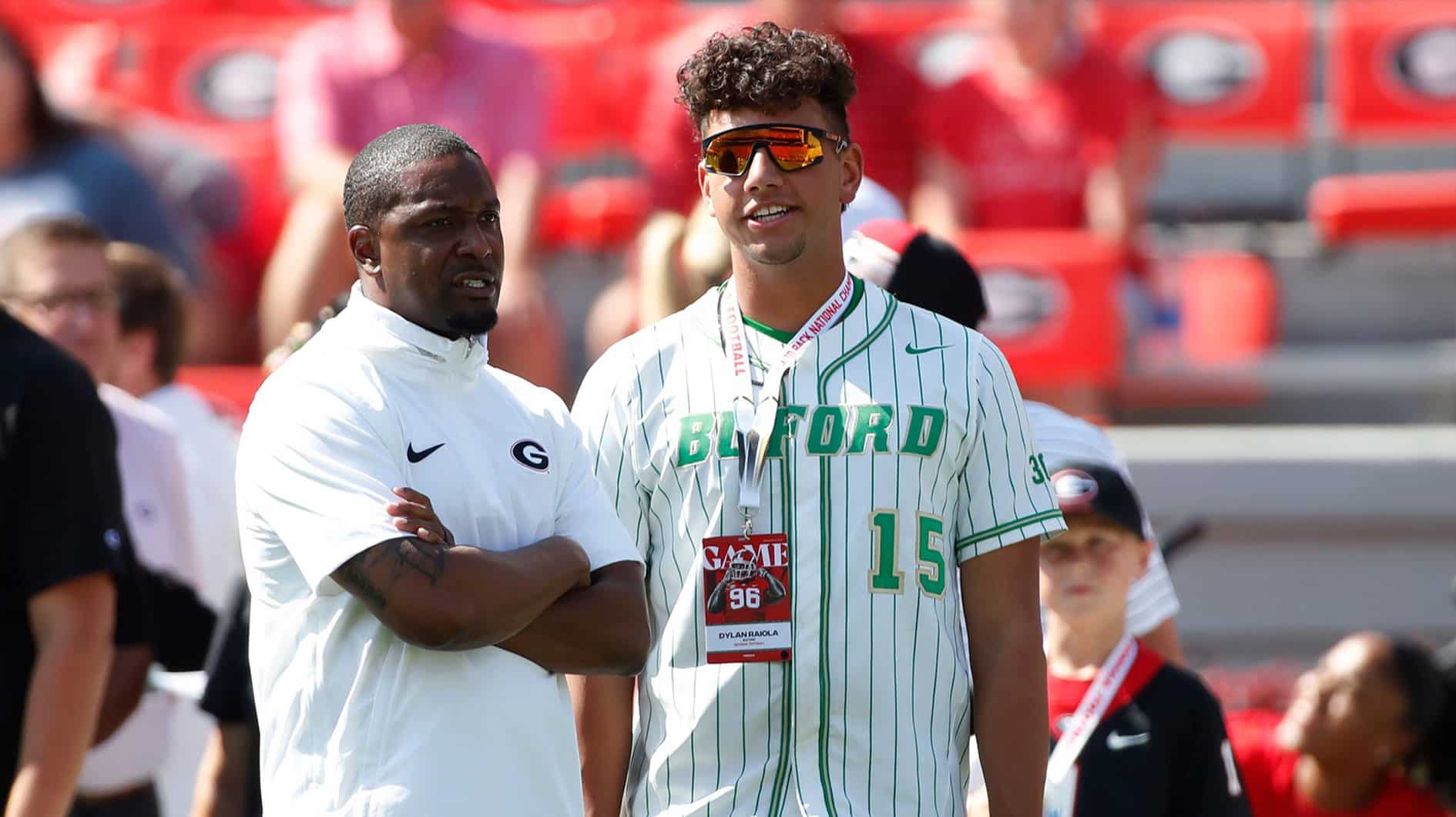 Buford quarterback and Georgia commit Dylan Raiola looks on from the sideline during warm ups before the start of a NCAA college football game against Ball State in Athens, Ga.,