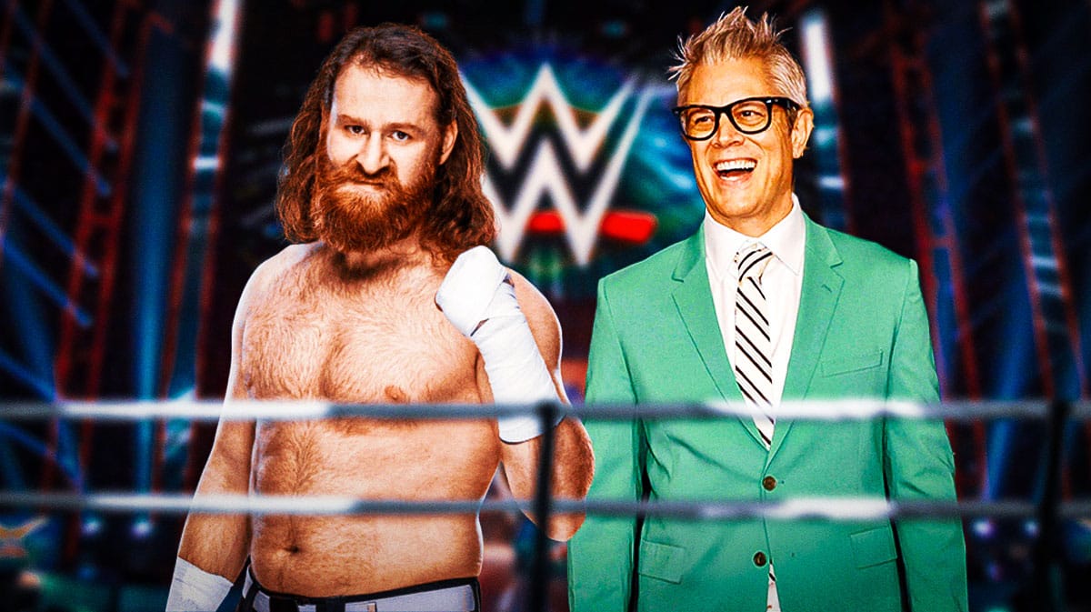 Sami Zayn and Johnny Knoxville with WWE ring background.
