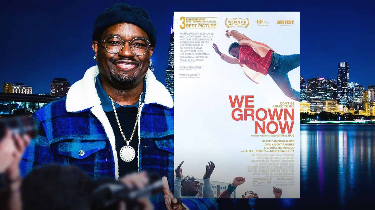 Lil Rey Howery and We Grown Now poster with Chicago skyline background.