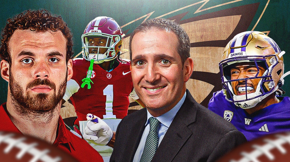 GM Howie Roseman in the middle - Kool-Aid McKinstry, Ja'Lynn Polk, Payton Wilson around him - Philadelphia Eagles wallpaper in the background