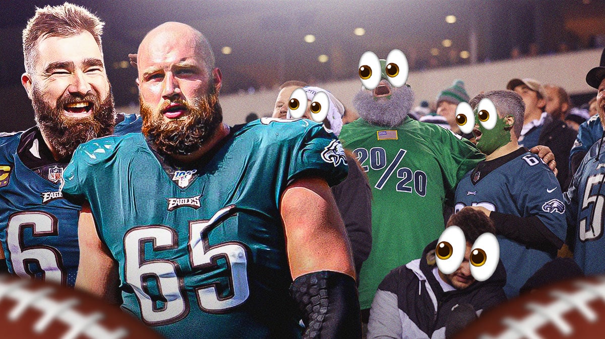 Lane Johnson and Jason Kelce on one side, a bunch of Philadelphia Eagles fans on the other side with the big eyes emoji over their faces