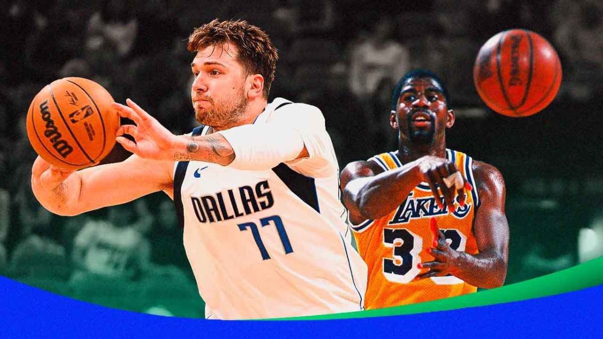 Mavericks' Luka Doncic and Lakers' Magic Johnson (image of Johnson from when he played basketball) both passing basketballs
