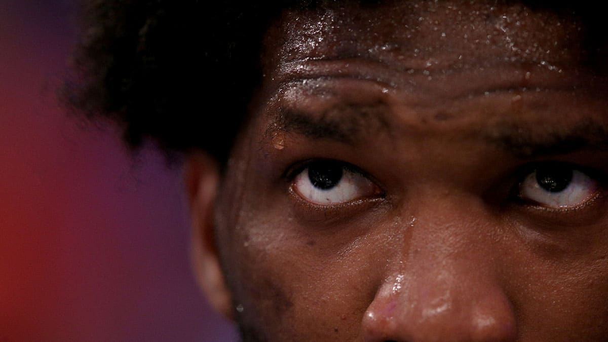 Philadelphia 76ers center Joel Embiid (21) sits on the bench during the first quarter of game 5 of the first round of the 2024 NBA playoffs against the New York Knicks at Madison Square Garden.