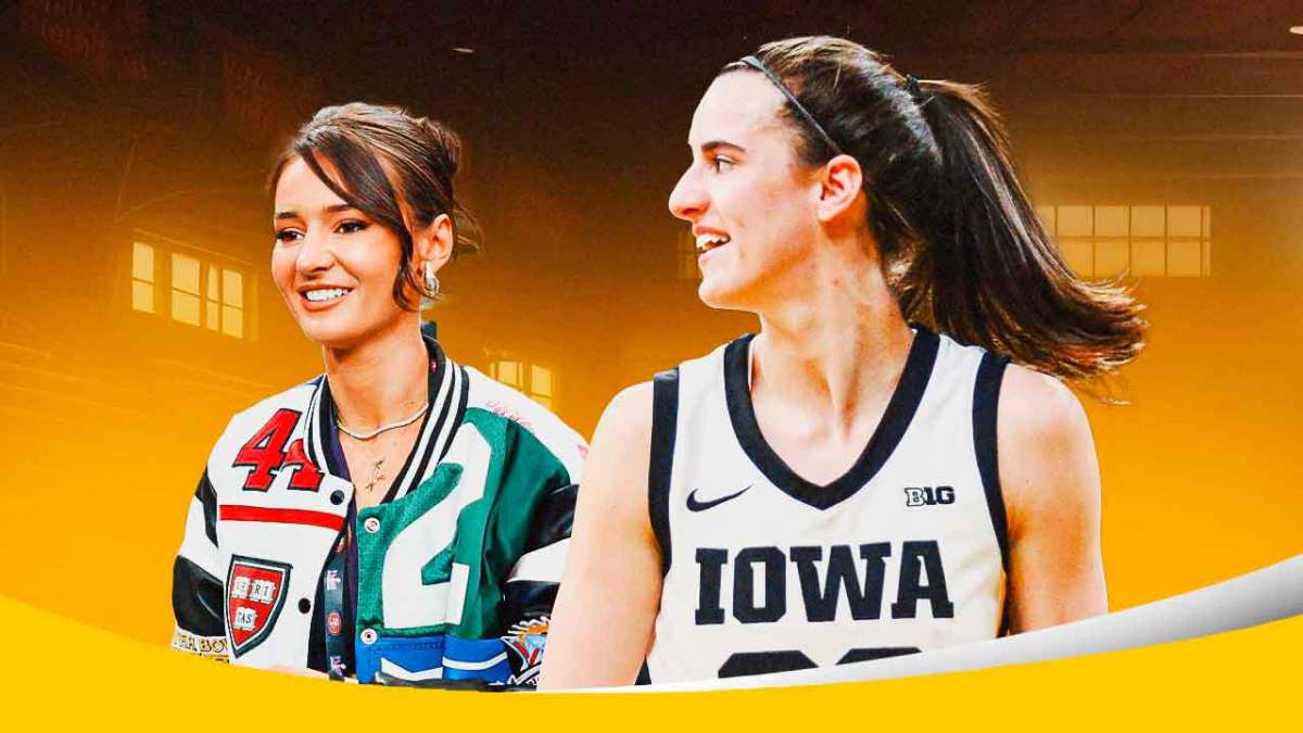 Iowa Caitlin Clark smiling at Kristin Juszczyk, with the 2024 NCAA Women's basketball final four logo beside Clark