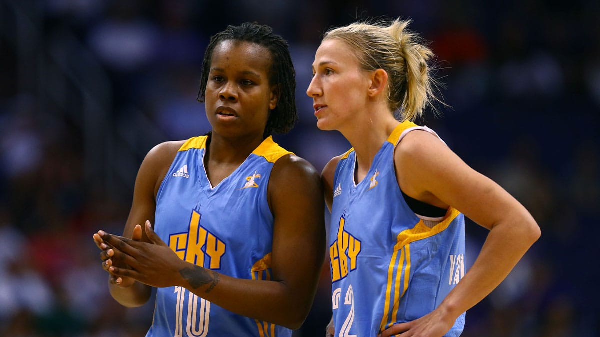 Chicago Sky guard Courtney Vandersloot (22) and guard Epiphanny Prince (10) talk against the Phoenix Mercury during game two of the 2014 WNBA Finals