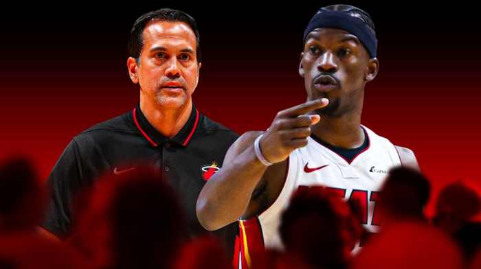 Miami Heat head coach Erik Spoelstra and star Jimmy Butler in front of the Kaseya Center.