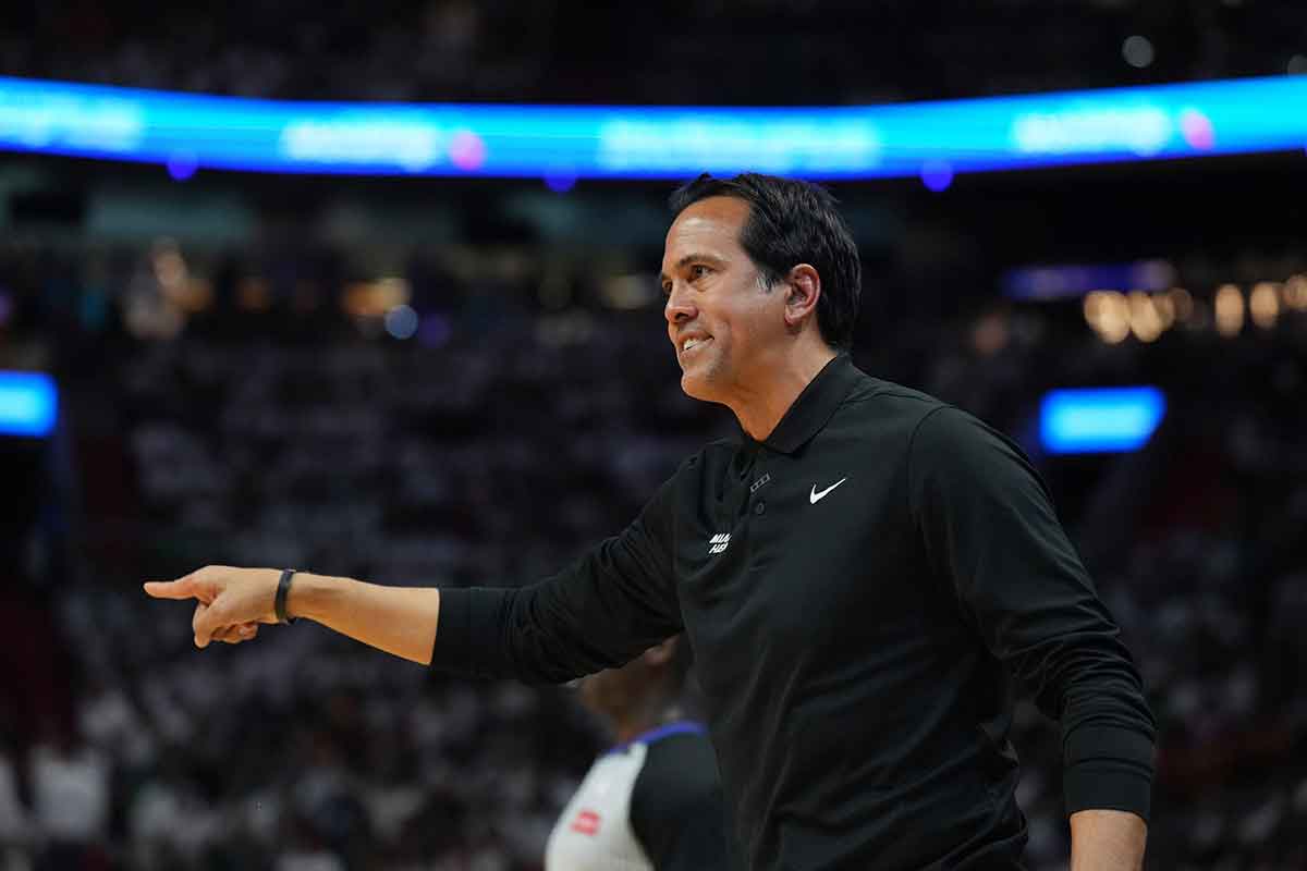Miami Heat head coach Erik Spoelstra directs his team against the Boston Celtics in the first half during game three of the first round for the 2024 NBA playoffs at Kaseya Center. 