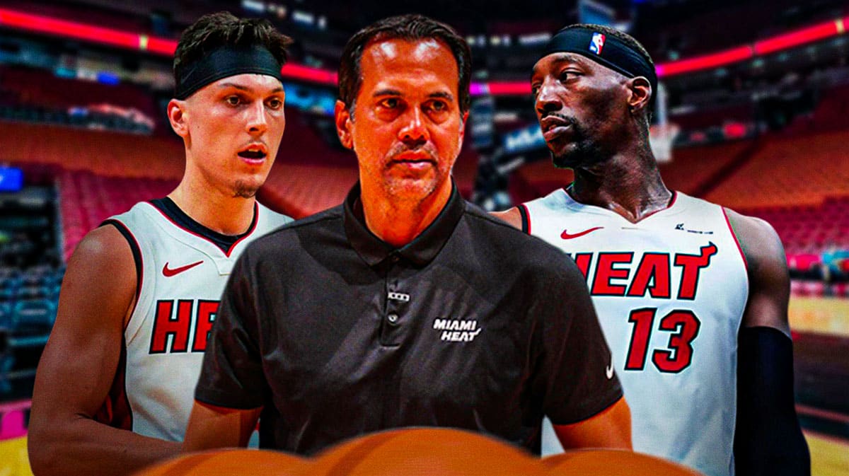 Miami Heat head coach Erik Spoelstra next to Bam Adebayo and Tyler Herro in front of the Kaseya Center.