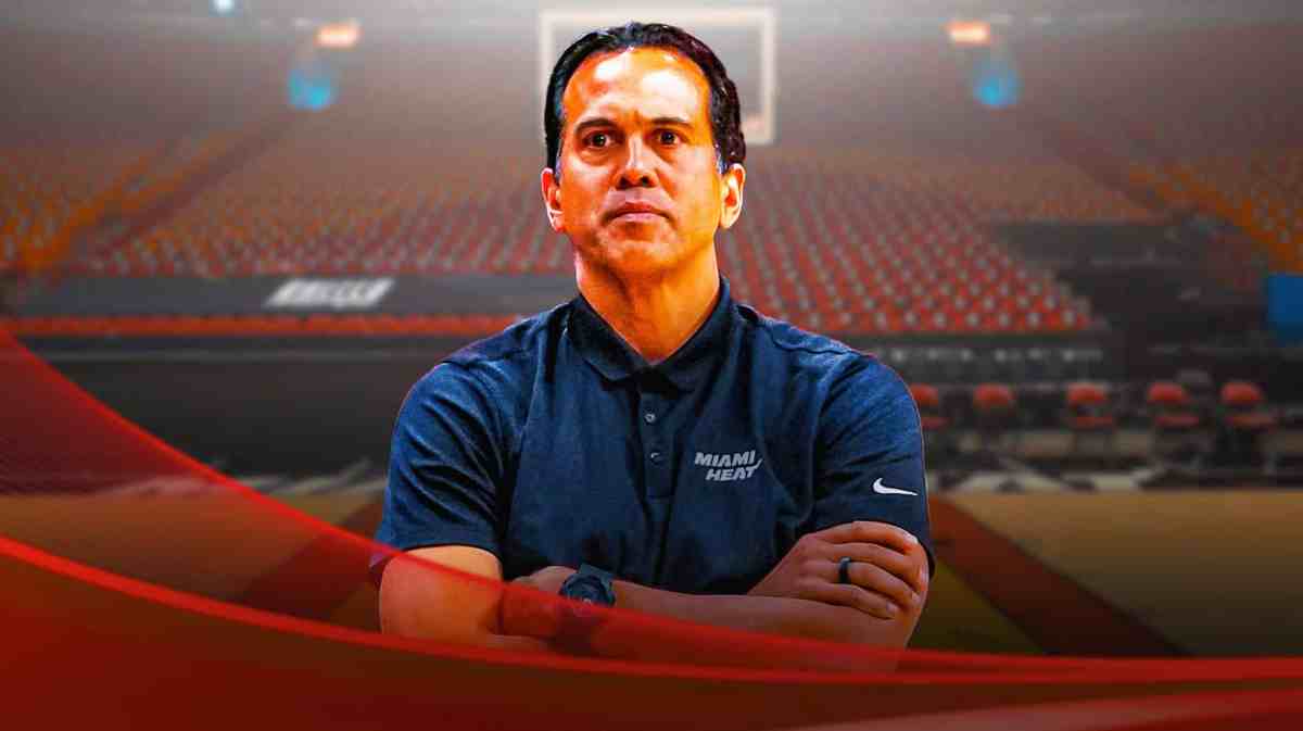 Miami Heat head coach Erik Spoelstra in front of the Kaseya Center.