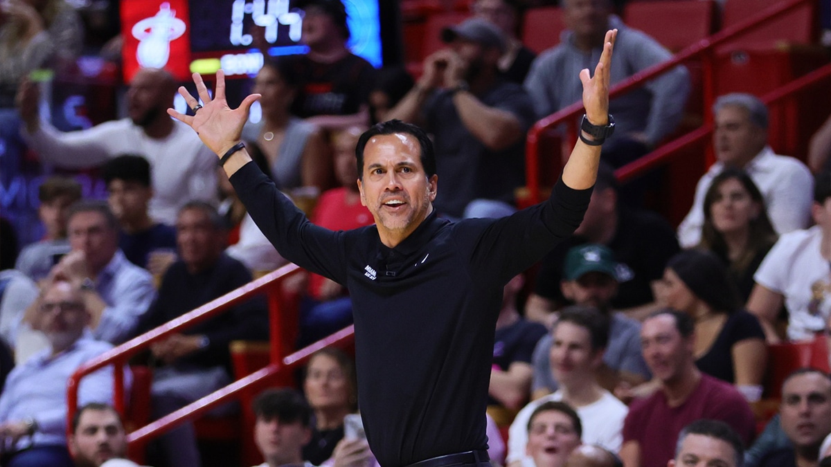 Miami Heat head coach Erik Spoelstra reacts during the first quarter against the Dallas Mavericks at Kaseya Center.