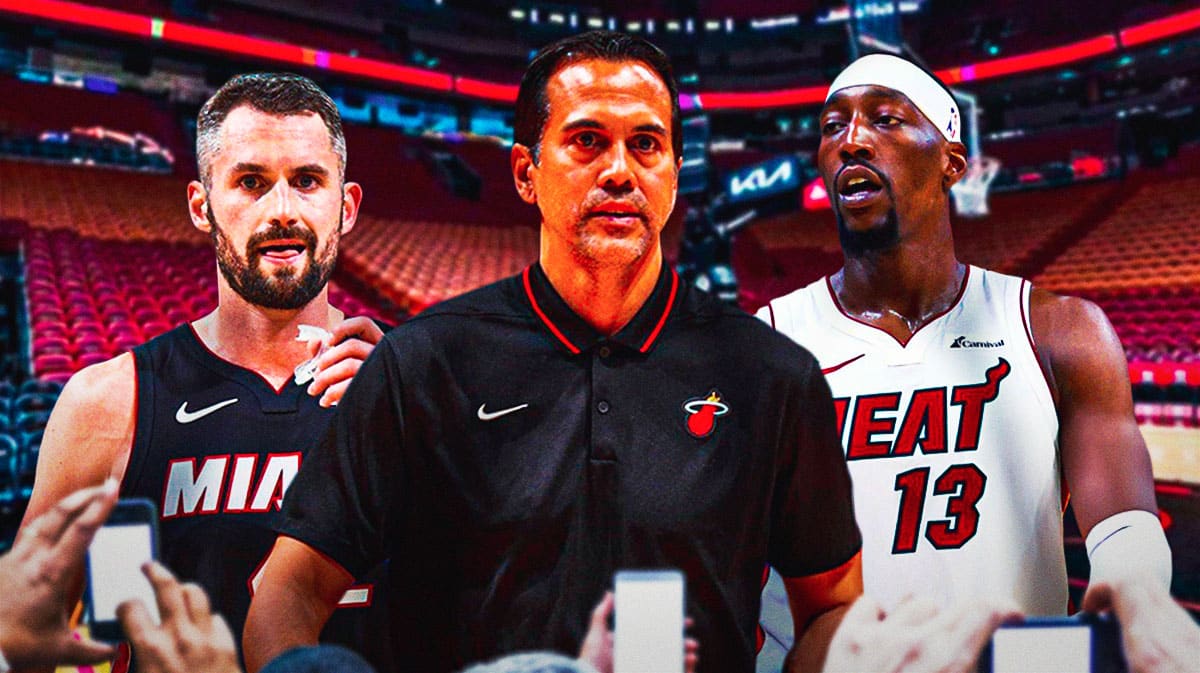 Miami Heat head coach Erik Spoelstra along with stars Bam Adebayo and Kevin Love in front of the Kaseya Center.
