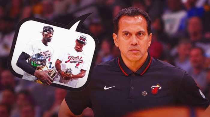 Heat's Erik Spoelstra with a thought bubble containing an image of Jimmy Butler and Bam Adebayo holding the 2023 Eastern Conference champions trophy