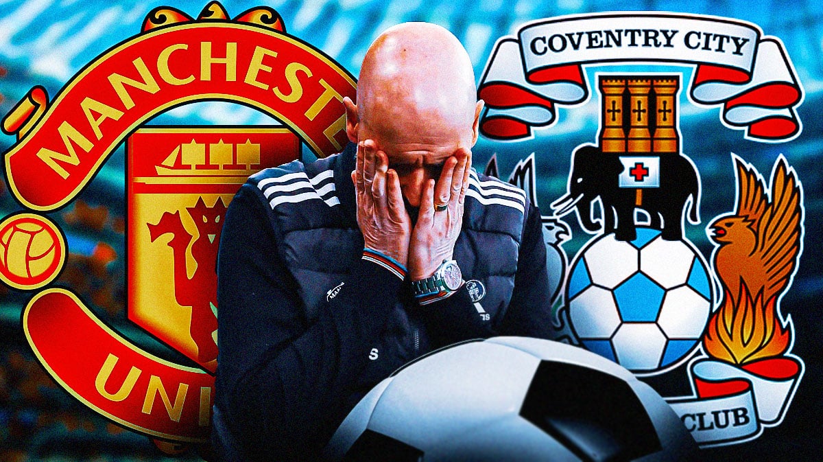 Erik ten Hag looking down/sad in front of the Manchester United and Coventry logos