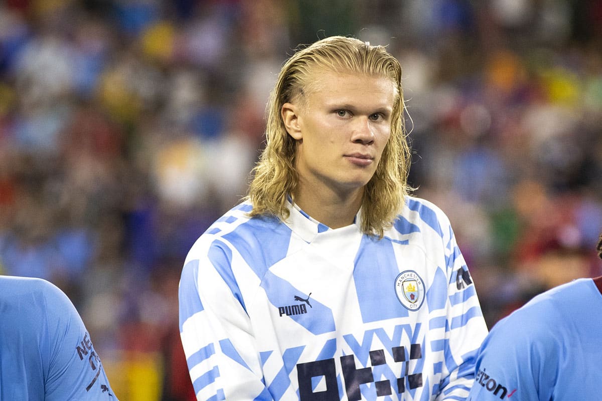 Manchester City forward Erling Haaland (9) looks into the crowd after the exhibition match between FC Bayern Munich and Manchester City on Saturday, July 23, 2022 at Lambeau Field in Green Bay, Wis