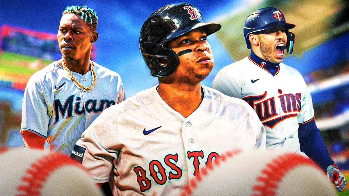 Rafael Devers in the middle, Jazz Chisholm on one side, Carlos Correa on the other side. Twins, Rockies