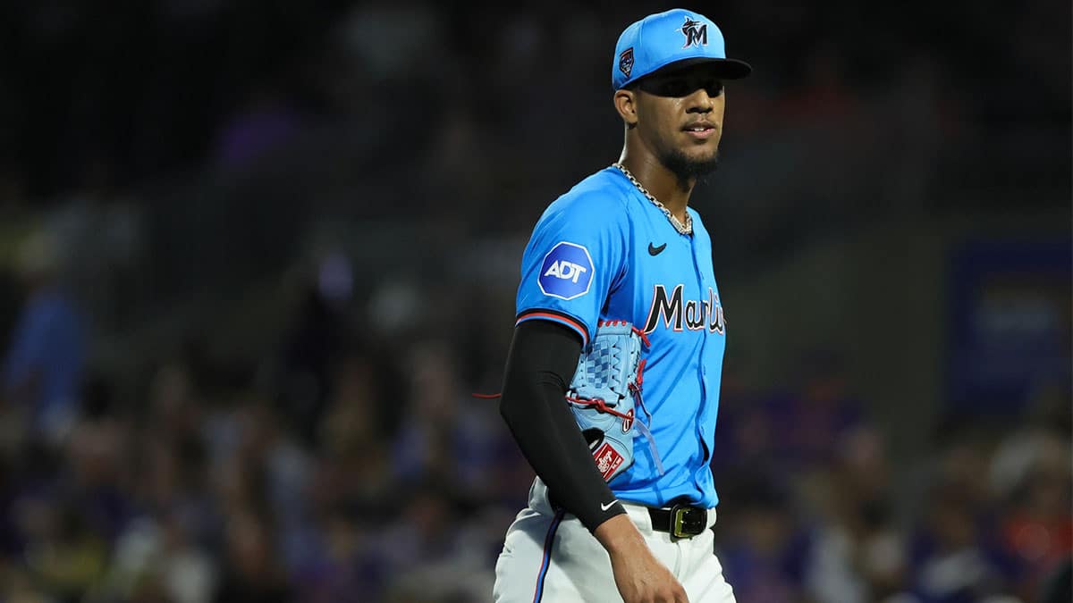 Miami Marlins starting pitcher Eury Perez (39) looks on against the New York Mets during the first inning at Roger Dean Chevrolet Stadium.