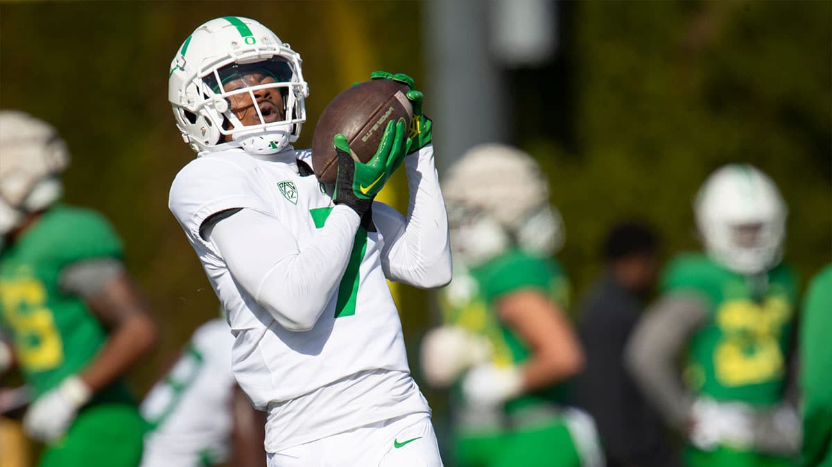 Oregon wide receiver Evan Stewart makes a catch during practice with the Ducks Tuesday, April 23, 2024 at the Hatfield-Dowlin Complex