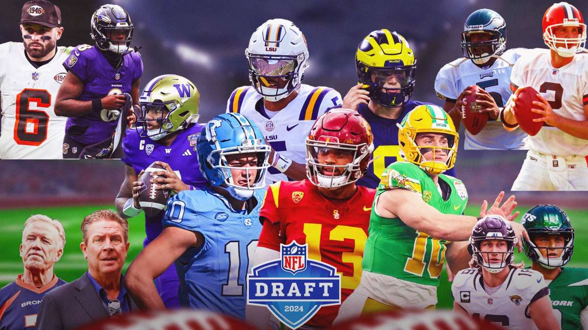 In one corner of the graphic is John Elway and Dan Marino. In another corner is Trevor Lawrence and Zach Wilson (Jets), in a third corner is Lamar Jackson and Baker Mayfield (Browns). In the final corner is Donovan McNabb (Eagles) and Tim Couch (Browns). In the middle of the graphic are Caleb Williams, Jayden Daniels, J.J. McCarthy, Michael Penix Jr., Drake Maye, and Bo Nix. NFL Draft logo in the bottom/front if room.