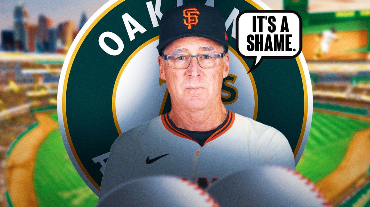 Bob Melvin next to the Athletics logo