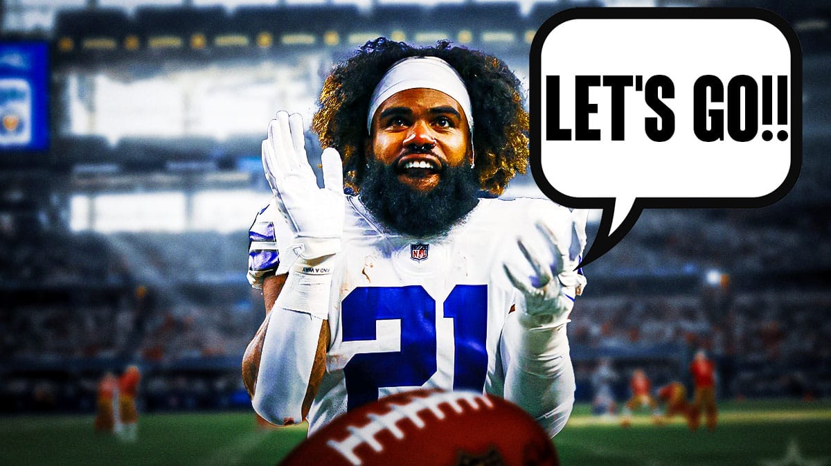 Photo: Ezekiel Elliott looking pumped in Cowboys jersey, fire around him saying "Let's go!!" AT&T Stadium in background