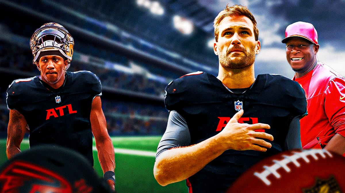 Atlanta Falcons head coach Raheem Morris with his quarterbacks Kirk Cousins and Michael Penix Jr.
