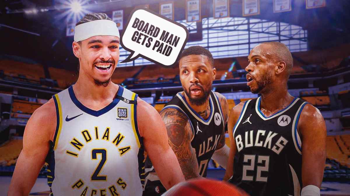 Pacers' Andrew Nembhard smiling, with speech bubble: "BOARD MAN GETS PAID", while Khris Middleton and Damian Lillard look at him, sad