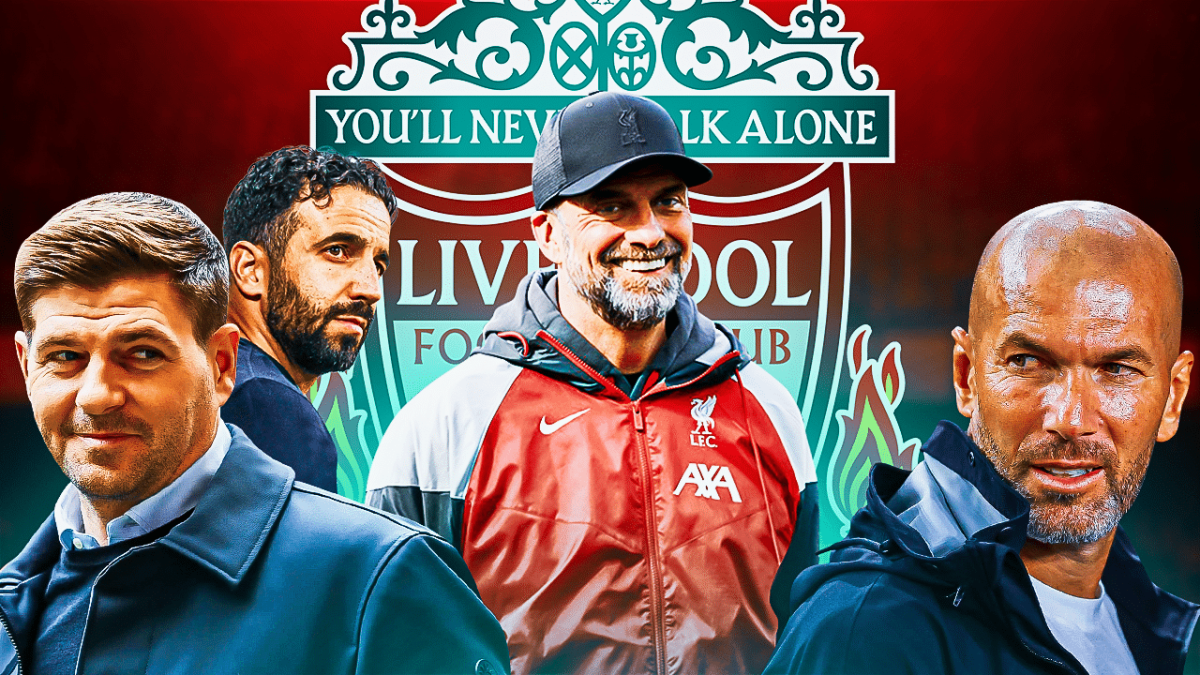 Jurgen Klopp in the middle in front of the Liverpool logo, Steven Gerrard, Zinedine Zidane, Ruben Amorim on the sides