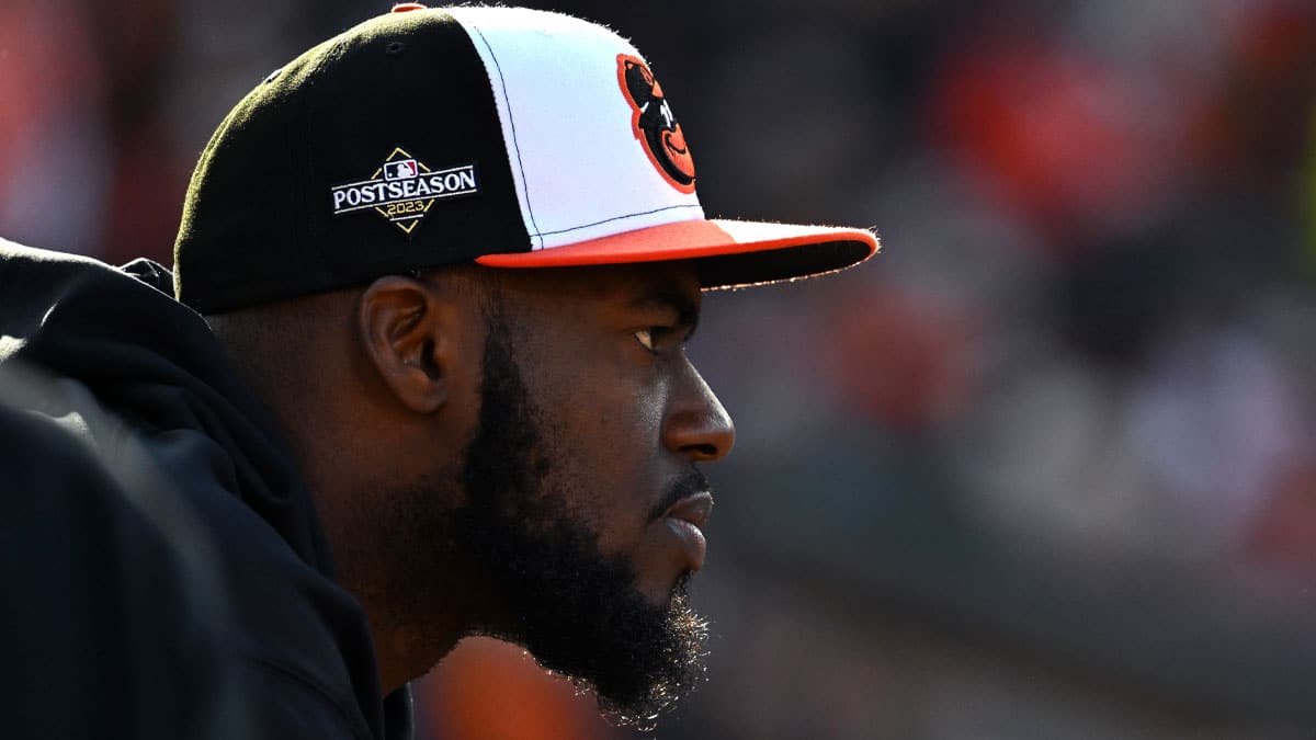 Baltimore Orioles relief pitcher Felix Bautista (74) looks on from the dugout in game one of the ALDS for the 2023 MLB playoffs against the Texas Rangers at Oriole Park at Camden Yards.