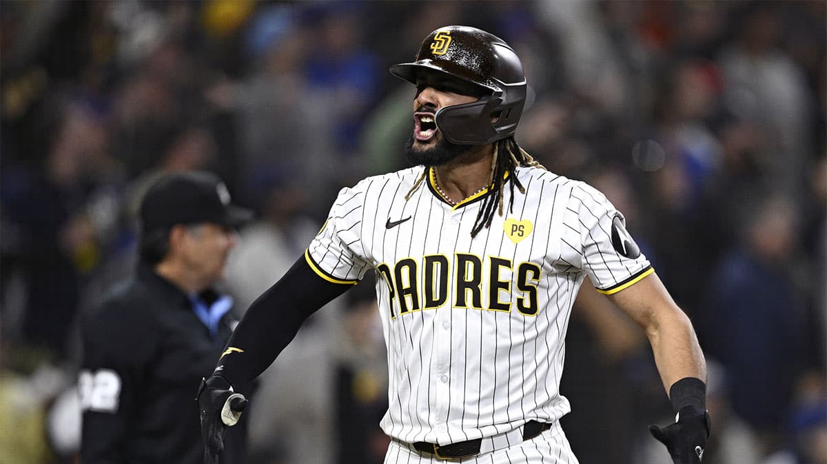 San Diego Padres right fielder Fernando Tatis Jr. (23) celebrates after hitting a two-run home run against the Chicago Cubs during the eighth inning at Petco Park.