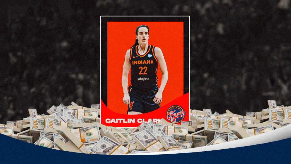 Indiana Fever player Caitlin Clark on a trading card, with money surrounding the card