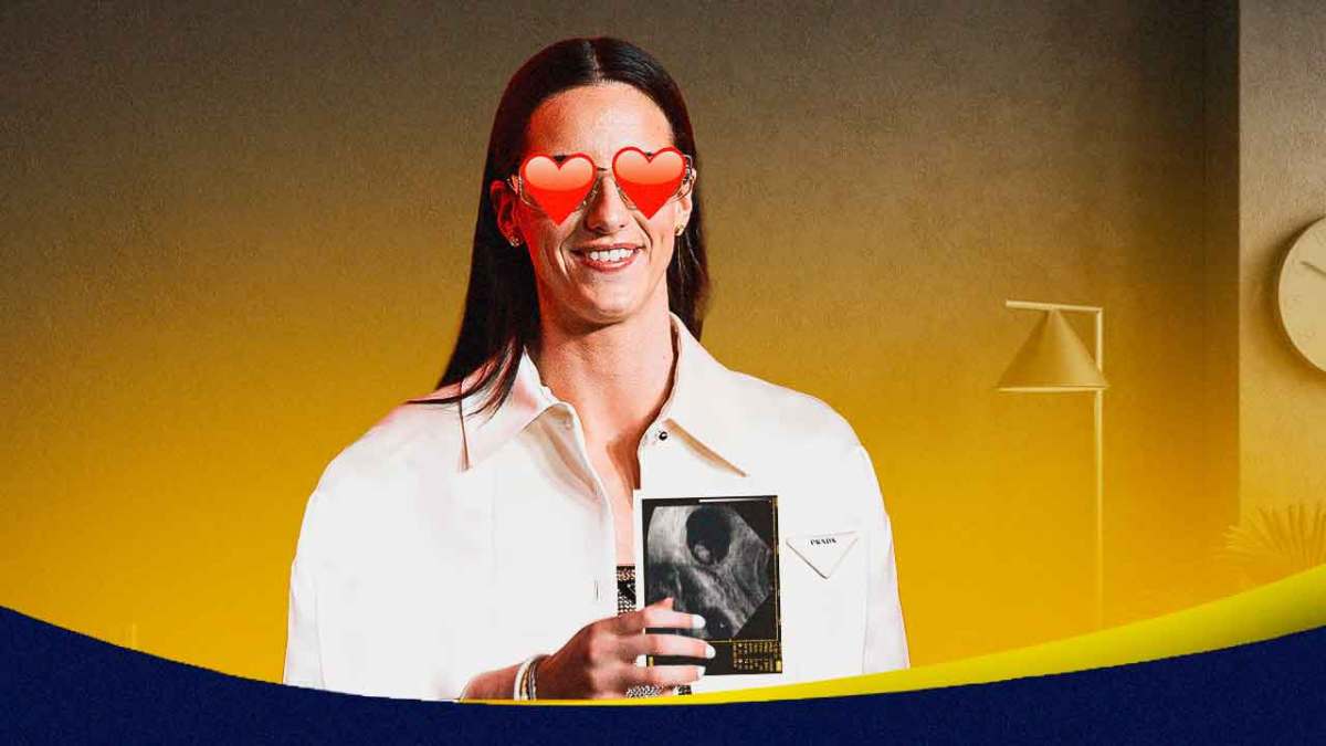 Caitlin Clark with heart eyes while holding an ultrasound