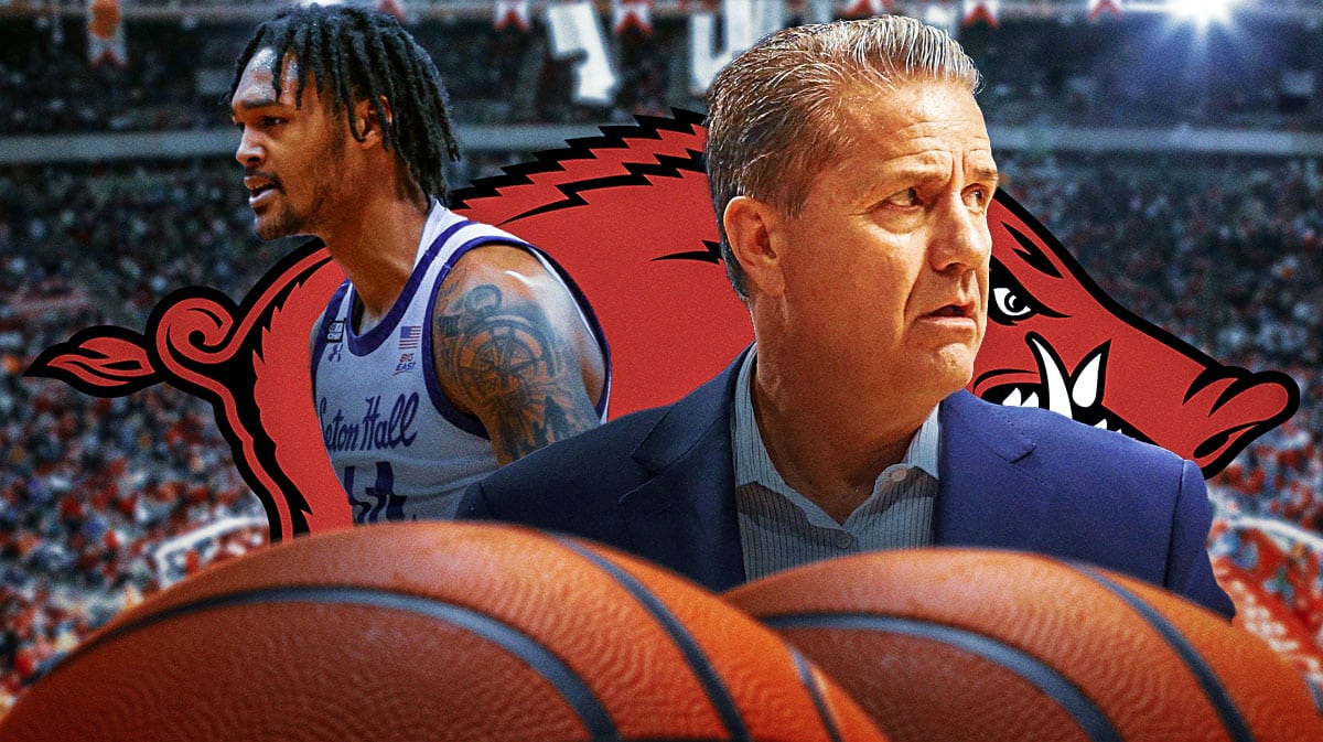 Arkansas head coach John Calipari and new transfer portal addition Dre Davis