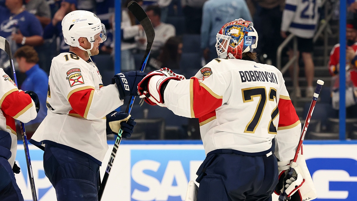 Florida Panthers center Aleksander Barkov (16) and goaltender Sergei Bobrovsky (72) celebrate after they beat the Tampa Bay Lightning in game three of the first round of the 2024 Stanley Cup Playoffs at Amalie Arena.