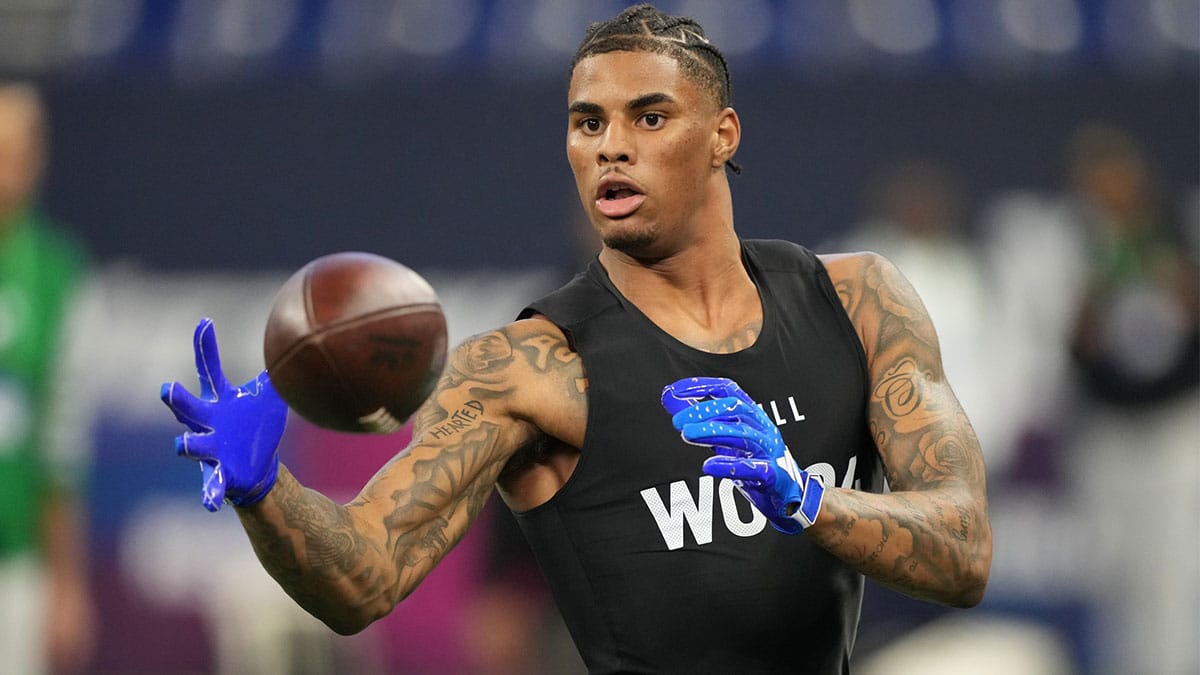 Florida State wide receiver Keon Coleman (WO04) during the 2024 NFL Combine at Lucas Oil Stadium.