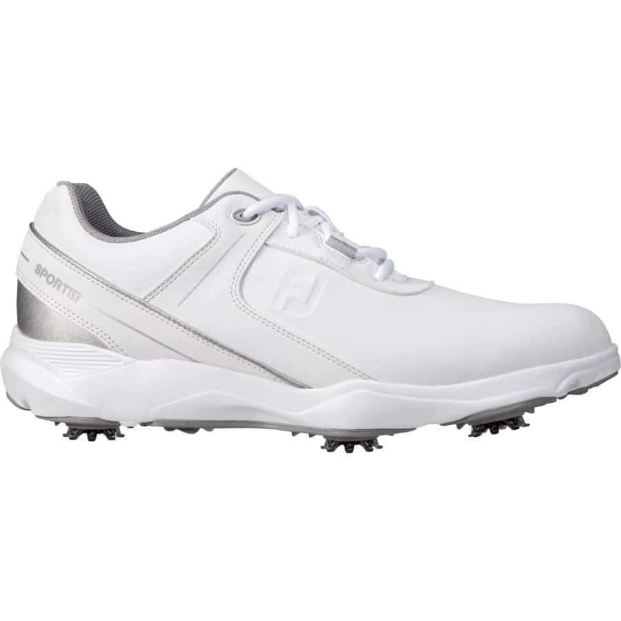 FootJoy Men's Sport LT Golf Shoes - White/Silver colorway on a white background.