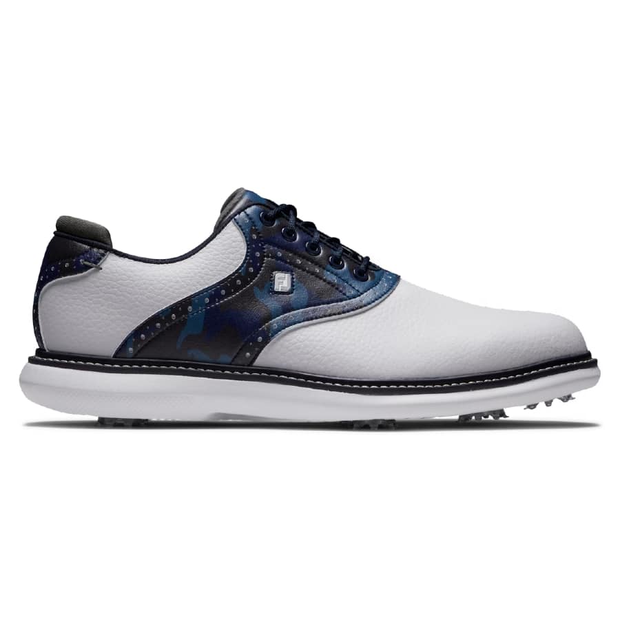 FootJoy Traditions Golf Shoes - White/Navy/Camo colorway on a white background.