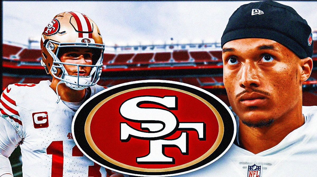 Kellen Mond next to 49ers Brock Purdy