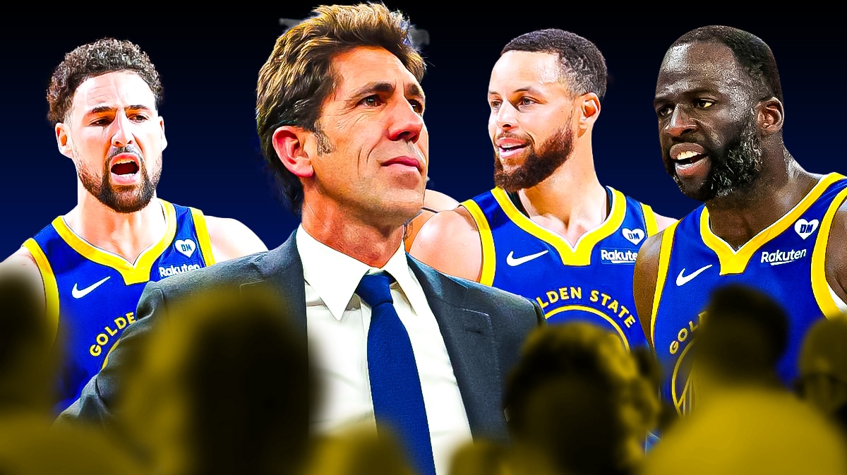 Former Warriors GM Bob Myers, Steph Curry, Klay Thompson and Draymond Green