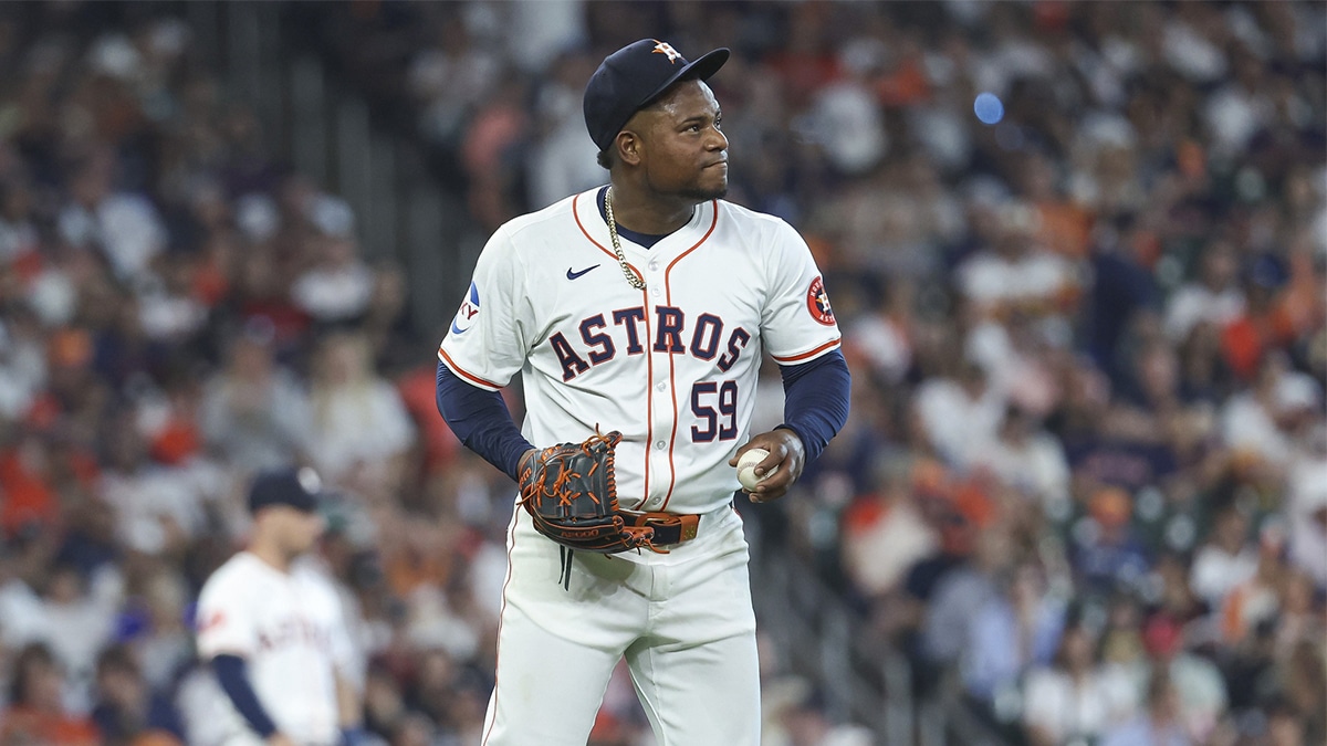 Houston Astros starting pitcher Framber Valdez (59) reacts after a play during the fifth inning against the New York Yankees at Minute Maid Park. 