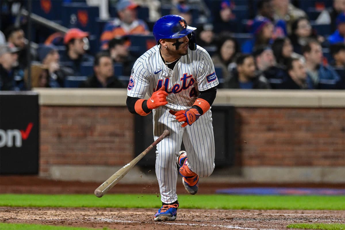 New York Mets catcher Francisco Alvarez (4) hits a double against the Detroit Tigers during the sixth inning at Citi Field. 