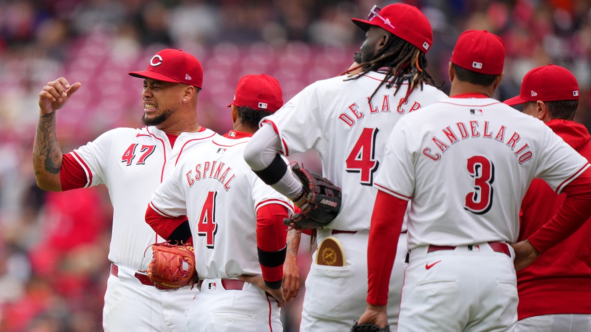 Cincinnati Reds pitcher Frankie Montas (47) reacts after being a hit by a ball off the bat of Los Angeles Angels outfielder Taylor Ward (3) (not pictured) in the first inning of a baseball game, Sunday, April 21, 2024, at Great American Ball Park in Cincinnati.
